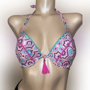 Shade & Shore womens 34D medium bikini bathing suit swim top push up pink tassel